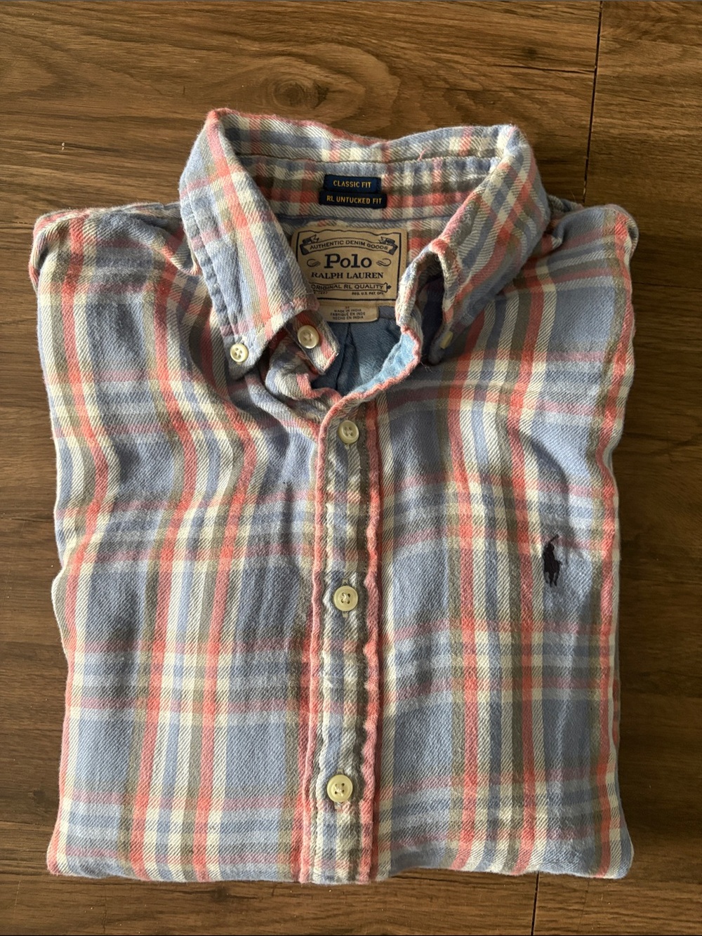 Polo by Ralph Lauren Blue and Coral Plaid Button-Down Shirt, Size Medium